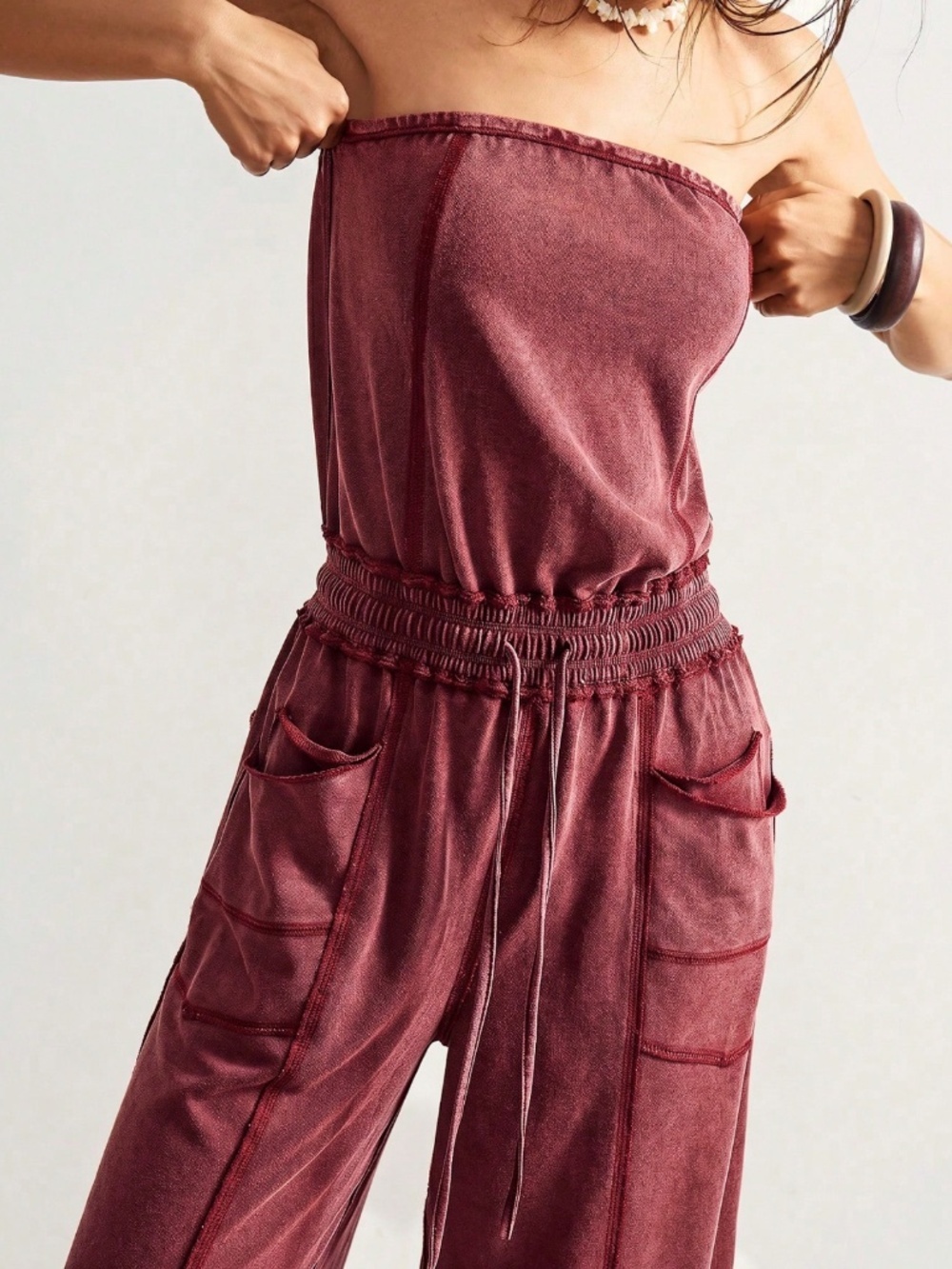 Strapless Burgundy Boho Wide Leg Jumpsuit with Pockets - Picture 6 of 8